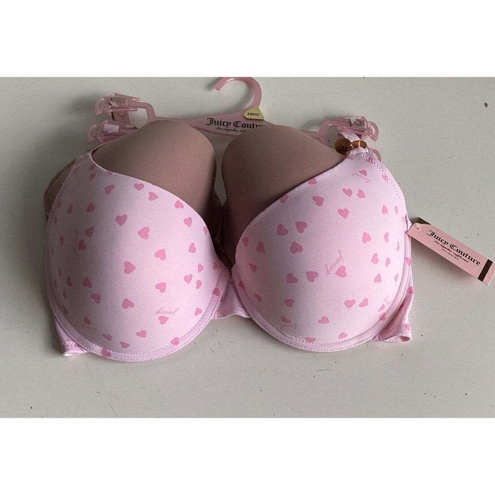 2 Pack Juicy Couture Bra Show Me Off JC3819 Hearts Valentine’s Pink Nude Sz 38DD